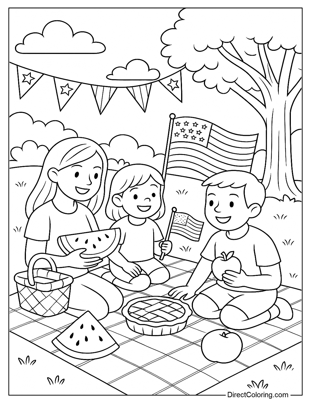 Coloring page of a family picnic with red, white and blue scarves, watermelons, and cupcakes.